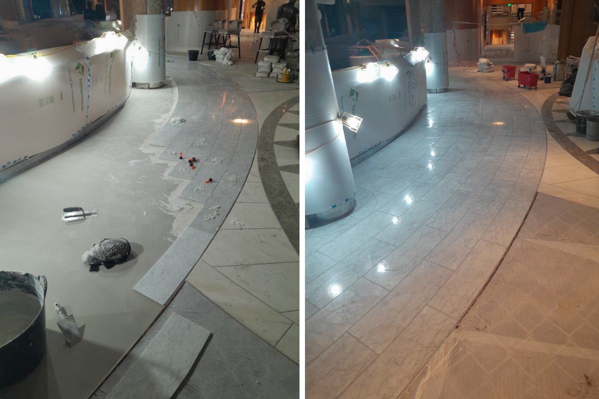 before and after pictures of floor tiles being laid